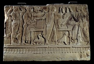Etruszk ókor: temetési cippe emléktáblája. Kiállítás az elhunytról a temetési ágyán. Párizs, Musee du Louvre alkotó: Etruscan Etruscan