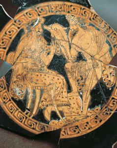 Vörös alakú kerámia, egy Poszeidónt és Amphitritét ábrázoló kráter belső díszítése, etruszk civilizáció alkotó: Etruscan Etruscan