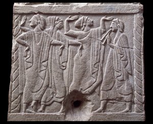 Dombormű táncosokkal egy márvány mérföldkőről Chiusiban, Olaszországban, Kr.e. 6. században alkotó: Etruscan Etruscan