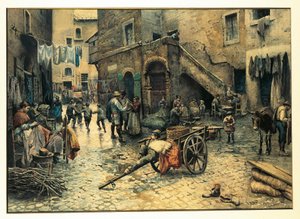 Olaszország, Róma, Utcai élet a Via Capocciuton a (zsidó) gettóban Rómában, Ettore Roesler Franz, akvarell