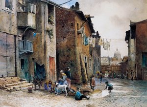 Középkori házak a római Via della Lungaretta-n, Ettore Roesler Franz (1845-1907), akvarell, Olaszország