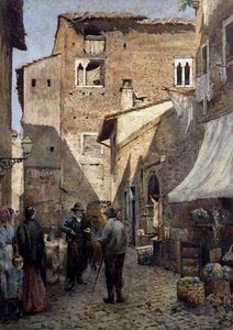 Pierleoni régi házai Rómában, Ettore Roesler Franz (1845-1907) akvarellje, Olaszország