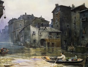 Via della Fiumara elárasztotta Rómában, Ettore Roesler Franz (1845-1907), akvarell, Olaszország