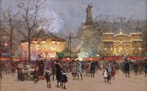 Fete, a Place de La Republique, Párizs (fekete kréta és gouache papíron) alkotó: Eugene Galien Laloue