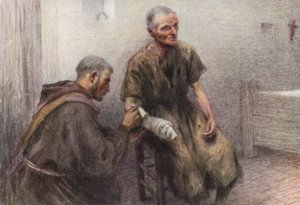 Bentivoglia szerzetes egy leprást ápol (színes litográfia)