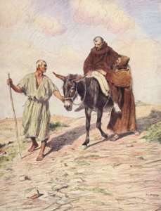 Szent Ferenc leereszkedik a Verna hegyről Leó szerzetessel a Szent Stigmák lenyomata után (színes litográfia)