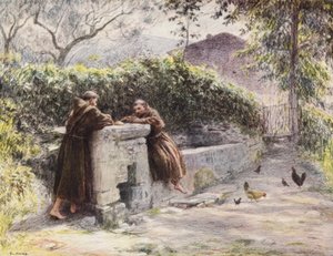 Szent Ferenc és Masseo szerzetes lakomája a szökőkútnál, Szent Ferenc dicséri a szegénységet (színes litográfia)