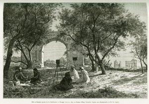 Bab-er-Roumia (Bab er Roumia), a keresztény asszony kapuja, római romok Douggában, utazók és vezetőik piknikje, kamera körül. Eugene Girardet metszet, R. Cagnat és H. Saladin Voyage en Tunisie című történetének illusztrálására, egy boltív töltetei alkotó: Eugene Alexis Girardet