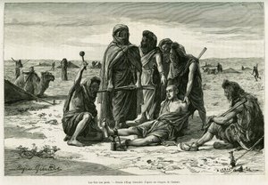 Az akarat a lábakon megy. Eugene Girardet metszet a Cinq mois chez les moures nomades du Sahara occidental című történet illusztrálására, 1887-ben, Camille Douls, in le tour du monde 1888, Edouard Charton (1807-1890), Hachette, Párizs irányítása alatt. alkotó: Eugene Alexis Girardet