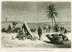Utazótábor Tozeur környékén. Eugene Girardet metszete a Voyage en Tunisie című történet illusztrálására, R. Cagnat és H. Saladin, in le tour du monde 1886, rendező: Edouard Charton (1807-1890), Hachette, Párizs. alkotó: Eugene Alexis Girardet