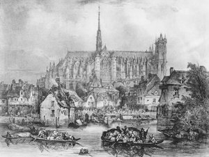 Az amiens-i Notre-Dame-székesegyház látképe a Pont Dudonról (litho) (fekete-fehér fénykép) alkotó: Eugene Balan