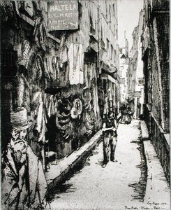 Párizsi utca, a „Du Ier au XXeme: Les Arrondissements de Paris…” című könyvből, 1903-ban (rézkarc) alkotó: Eugene Bejot