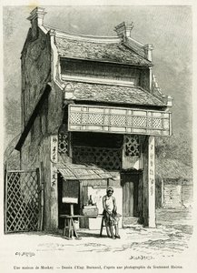 Egy Monkay ház. Eugene Burnand metszete a Sur les frontières du Tonkin című történet illusztrálására, Doctor P.Neiss, in le tour du monde 1888, rendező: Edouard Charton (1807-1890), Hachette, Párizs. alkotó: Eugene Burnand