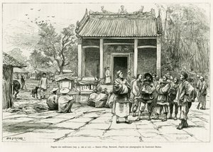 Konferenciák Pagoda, Monkay. Eugene Burnand metszete a Sur les frontières du Tonkin című történet illusztrálására, Doctor P.Neiss, in le tour du monde 1888, rendező: Edouard Charton (1807-1890), Hachette, Párizs. alkotó: Eugene Burnand