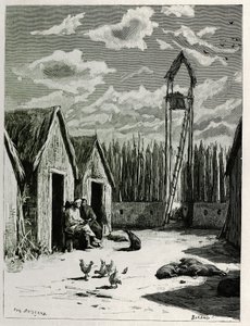 Missziós tér Meuong Ngan-ban. Eugene Burnand metszete Dr. P.Neis „Utazás Felső-Laoszban” című történetének illusztrálására 1880-ban. Megjelent a Le Tour du monde, nouveau Journal des voyages, 1885. évi 2. félévben, szerkesztette Edouard Charton (1807-1890) alkotó: Eugene Burnand