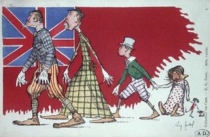 Képeslap egy brit család karikatúrájával
