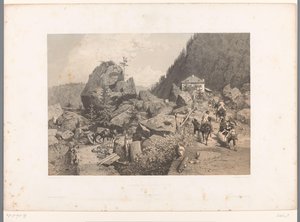 Utazók a Tête Noire hágóján Martigny és Chamonix között Passage de la Tete Noire (cím az objektumon) Arcok Svájcban és Savoyában (sorozat címe) La Suisse et la Savoie (sorozat címe az objektumon) alkotó: Eugene Ciceri