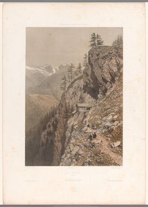 Túrázók a hegyi ösvényen Chamonix-nál és a Mont Blanc-nál Le Chapeau (cím a tárgyon) Nézetek Svájcban, Savoyában és Tirolban (sorozat címe) La Suisse, la Savoie et le Tyrol (sorozat címe a tárgyon) alkotó: Eugene Ciceri