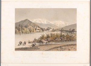 Saint-Martin-sur-Arve kilátása a Mont Blanc-ról St. Martin és Mont-Blanc (cím a tárgyon) Gezichten in Zwitserland, Savoy in Tirol (sorozat címe) Svájc, Savoy és Tirol (sorozat címe a tárgyon) alkotó: Eugene Ciceri