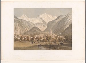 Kilátás az Unterseenre és a Jungfraura La Jungfrau à Unterseen (cím a tárgyon) Arcok Svájcban, Savoyában és Tirolban (sorozat címe) La Suisse, la Savoie et le Tyrol (sorozat címe a tárgyon) alkotó: Eugene Ciceri