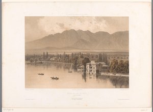Kilátás a Thun-tó partjára Bords du Lac de Thun (cím a tárgyon) Arcok Svájcban, Savoyában és Tirolban (sorozat címe) La Suisse, la Savoie et le Tyrol (sorozat címe a tárgyon) alkotó: Eugene Ciceri