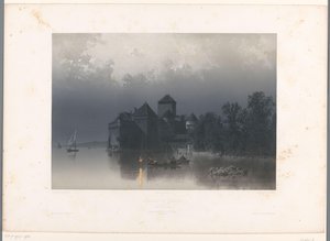 Kilátás a Chillon kastélyra a Genfi-tónál Château de Chillon (cím a tárgyon) Arcok Svájcban és Savoyában (sorozat címe) La Suisse et la Savoie (sorozat címe az objektumon) alkotó: Eugene Ciceri