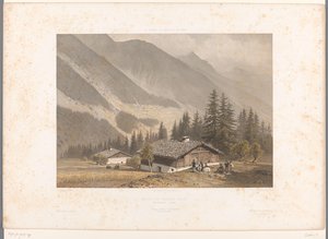 Kilátás Jacques Balmat Chamonix melletti házára Maison de Jacques Balmat (cím a tárgyon) Arcok Svájcban, Savoyában és Tirolban (sorozat címe) La Suisse, la Savoie et le Tyrol (sorozat címe a tárgyon)