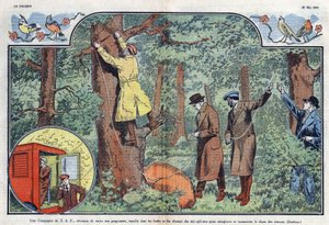 Egy T.S.F. cég mikrofonokat telepít az erdőkbe és a mezőkbe, hogy rögzítse és továbbítsa a madarak énekét. Damblans illusztrációja az 1933. május 21-i „” Le Pelerin”-ben. alkotó: Eugene Damblans