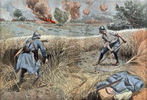 Egy francia tüzér kasza a búzát, hogy megölje a németeket, Damblans rajza a "Le Pelerin" című francia lapból június 30. alkotó: Eugene Damblans