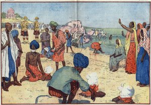 Polgári engedetlenségi hét Indiában a Brit Birodalom ellen: Bombay Beachen Gandhi (1869-1948) és hívei a Gabelle-törvényt megsértve tengervizet forralnak, hogy sót nyerjenek. A nők a következő kórus megismétlésével bátorítják őket: „Törd meg, szegd meg a s alkotó: Eugene Damblans