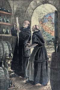 Dom Pierre Perignon (1639-1715), bencés szerzetes, a pezsgőkészítési eljárás feltalálója. Damblans illusztráció.