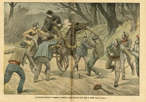 Illusztráció: Eugene Damblans (1865-1945) a Le Pelerinben, 04.01.31. - Mezőgazdasági grevisták megtámadják M. Sere de Riviere ingatlanának regisztrátorát - Társadalmi, Különféle tények, Greve, Közlekedés, Mezőgazdaság, Erdő, Caleche Fiacre Cab - Munkás, lo alkotó: Eugene Damblans