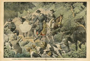 Eugene Damblans (1865-1945) illusztrációja a Le Pelerinben, 05.02.07 - Roosevelt, az Egyesült Államok elnöke, aki elterelte a figyelmét a hatalom aggályairól grizzly medvékre vadászva a sziklás hegyekben - Amerika Egyesült Államok, Vadászat USA, Sziklás-he alkotó: Eugene Damblans