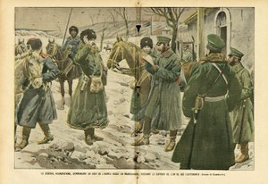 Illusztráció: Eugene Damblans (1865-1945) Le Pelerinben, 05/03/05 - Kuropatkin tábornok, a mandzsúriai orosz Armea főparancsnoka, aki megkapja egyik hadnagya jelentését - Oroszország, Armea, Mandzsuria, orosz -Japán háború, hó - Tábornok