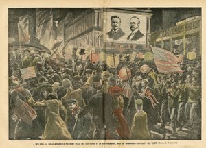 Eugene Damblans (1865-1945) illusztrációja a Le Pelerinben, 2004.11.20. - New Yorkban a tömeg ujjongja az Egyesült Államok újraválasztott elnökét és az alelnököt, akinek átlátszó képe visszaadja a jellemzőket - Amerika USA, Választások, Építészet Urbani alkotó: Eugene Damblans