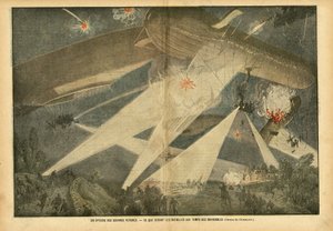 Eugene Damblans (1865-1945) illusztrációja a Le Pelerinben, 2007.11.24 - Egy epizód a jövő háborúiról - Milyen csaták lesznek a léghajók idején - Háború, léggömbök léghajók zeppelin repülőállomás, Nocturne, Harc alkotó: Eugene Damblans
