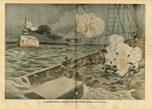Eugene Damblans (1865-1945) illusztrációja Le Pelerinben, 04.02.28 - A vlagyivosztoki orosz cirkálók elsüllyesztenek egy japán transzportot - Armee, Maritime Marine Seaside, Orosz-Japán háború, Hadihajók, Vlagyivosztok - Tengerészek, tengerészek alkotó: Eugene Damblans