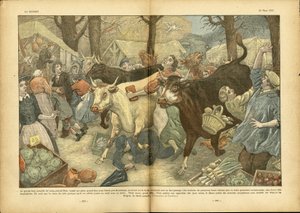 Eugene Damblans (1865-1945) illusztrációja a Le Pelerinben, 28/03/37 - A Niort melletti Lezay nagy éves vására - Különböző tények, Gazdaság, Tömeg, Üzletek, Mezőgazdaság, Hüvelyesek - Tehén, Marha, Camelot vándorárus. alkotó: Eugene Damblans