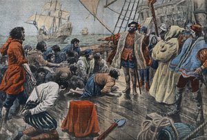 Illusztráció Ferdinand de Magellan legénységéről, amint hűséget esküdnek neki egy kereszten egy sikertelen zendülést követően – Fernand de Magellan (1480-1521), portugál navigátor csillapítja legénységének egy lázadását, és miután megbocsátott neki, hűsége