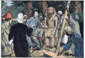 A francia régészeti misszió felfedezi a Sesostris III tinédzser szobrát, akit elhoznak a Louvre-ba. Medamoud, ókori Théba, Egyiptom. Damblans illusztráció. A november 22-i „” Le Pelerin”-ben alkotó: Eugene Damblans