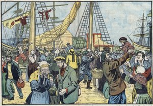 A tőkehal visszatér Saint-Malóba: a Terres-Neuvas halásztak, és újra találkoztak családjukkal. Damblans illusztráció. Október 7-i „” Le Pelerin”-ben alkotó: Eugene Damblans