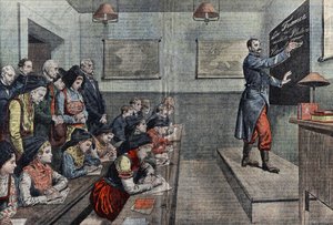 Az elzászi első francia nyelvtanfolyamot visszahódítják. Damblans illusztráció. Az 1914-es „Le Pelerin”-ben. alkotó: Eugene Damblans