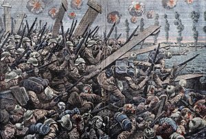 Háború 1914-1918. Belgium frontja 1914. Német katonák az Yseren. Damblans rajza. alkotó: Eugene Damblans