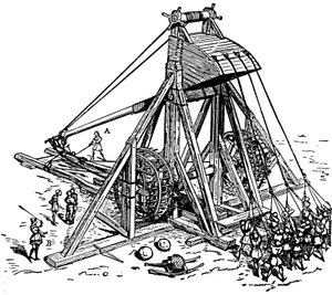 Egy hatalmas katapult (ellensúlyos trebuchet típusú), a mangonneau nevű katapult rekonstrukciója