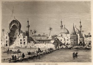 Csónakhíd Bagdadban, Eugene Flandin (1809-1876) rajza az 1840-1842-es mezopotámiai utazásának illusztrálására. Metszet „” Le tour du monde”” 1861. Selva gyűjteményében.