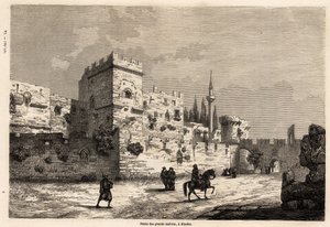 A nagy mesterek rodoszi palotája, Eugene Flandin rajza, 1844-ben Rodosz szigetére tett utazásának illusztrálására. Metszet a „Le tour du monde”-ban, szerkesztette Edouard Charton