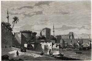 Rodosz kikötőjének és Aubusson kapujának látképe, Eugene Flandin rajza, amely a Rodosz szigetére 1844-ben tett utazását illusztrálja. Metszet az Edouard Charton által szerkesztett "Le tour du monde" című kötetben.