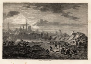 Moszul (Irak) kilátása a Tigris-folyó partján, Eugene Flandin rajza Vivian de Saint Martin 1844 és 1860 között Ninivébe vezető expedíciójának illusztrálására. Gravírozás a „Le tour du monde”-ban, szerkesztette Edouard Charton