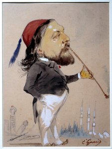 Theophile Gautier (1811-1872) portréja füstölög a chibouk-jával Eugene Giraud (1806-1881) rajza és akvarellje 1862 Párizs, B.N.