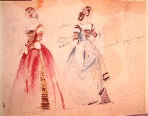 Két női jelmezterv Alfred de Musset (1810-1857) „Les Caprices de Marianne” című művének elkészítésekor (akvarell papíron)